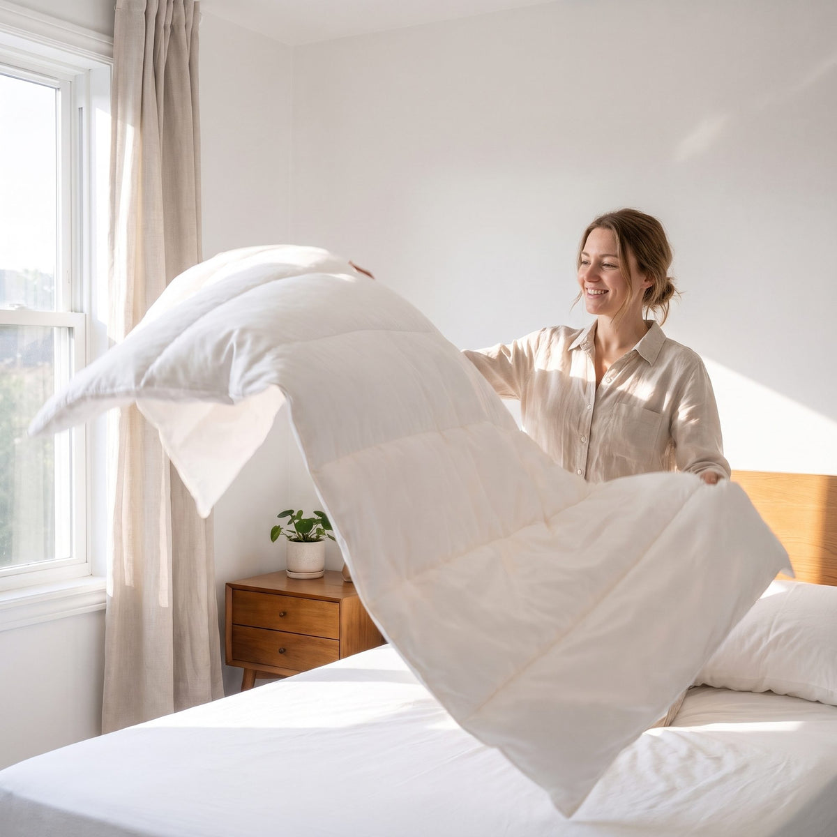 Frau schüttelt die federleichte Cloud Bettdecke im Schlafzimmer auf – twentythree®